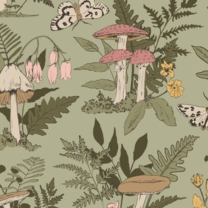 Mushroom Wallpaper | Mushroom Fabric | Fern Wallpaper| Moth Wallpaper | Enchanted Forest  in Sage Green | Extra-Large Scale