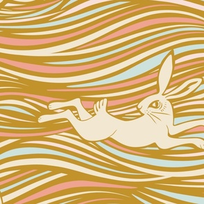 jumbo | white rabbit leaping through  long wavy grass in pastel colors | woodland animals | mustard, cream white, baby blue, salmon pink