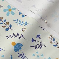 Cute cartoon blue and yellow flowers on cream white background, Small scale