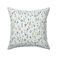 Cute cartoon blue and yellow flowers on cream white background, Small scale
