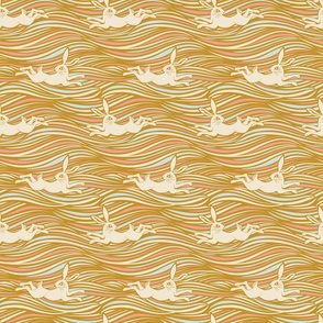 small | white rabbit leaping through long wavy grass in pastel colors | woodland animals | mustard, cream white, baby blue, salmon pink