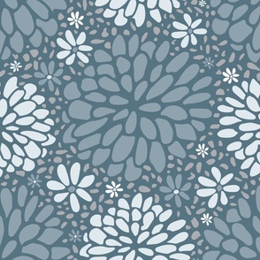 Chrysanthemum and Daisy in Steel Blue and Gray (Large)