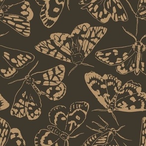Moth Wallpaper | Moonlit Moths in Deep Olive & Beige | Large Scale | Dark Moth Fabric | Bugs Insects Forest Woodland 