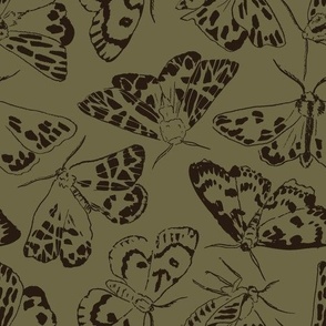 Moth Wallpaper | Moonlit Moths in Olive Green & Black | Large Scale | Dark Moth Fabric | Bugs Insects Forest Woodland 