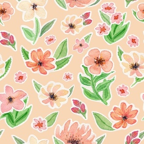 Cut out watercolour flowers on peach - Large scale