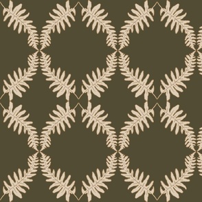 Fern Wallpaper | Dark Trellis Wallpaper | Forest Fern Leaves | Furling Fronds in Olive Green & Beige | Large Scale
