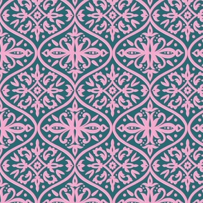 Pink damask flowers on emerald