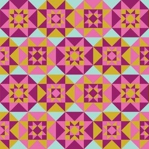 Geometric Floral - Cheater Quilt - Pink and Yellow - Star Block