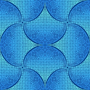Ocean Sapphire Turquoise Blue Fans Sashiko Ginkgo Leaves Scallops by Angel Gerardo - Large Scale