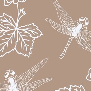 white (jumbo) dragonfly and swamp flower on tan brown for nursery
