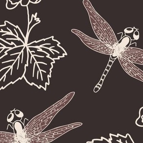 white and Marsala (jumbo) dragonfly and swamp flower on dark brown for nursery