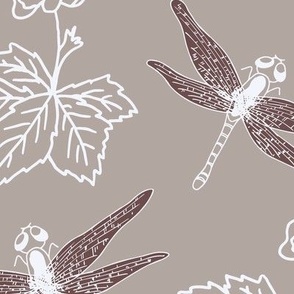 white and Marsala (jumbo) dragonfly and swamp flower on light grey for nursery