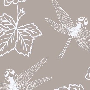 white (jumbo) dragonfly and swamp flower on grey-tan for nursery