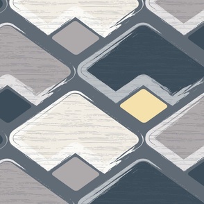 (XL) horizontal rhombus in linen white, taupe brown and dark blue with texture on dark grey