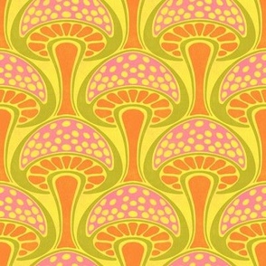 Art Nouveau Mushroom - 4" small - pink, orange, and avocado on bright yellow 