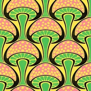 Art Nouveau Mushroom - 4" small - black, pink, and green on bright yellow 