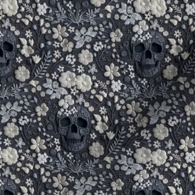 Grey Skull and White Floral Realistic Embroidery Grey Background - Small Scale