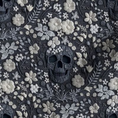 Grey Skull and White Floral Realistic Embroidery Grey Background - Medum Scale