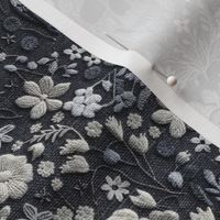 Grey Skull and White Floral Realistic Embroidery Grey Background - Medum Scale