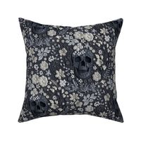 Grey Skull and White Floral Realistic Embroidery Grey Background - Large Scale