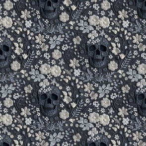 Grey Skull and White Floral Realistic Embroidery Grey Background - Large Scale