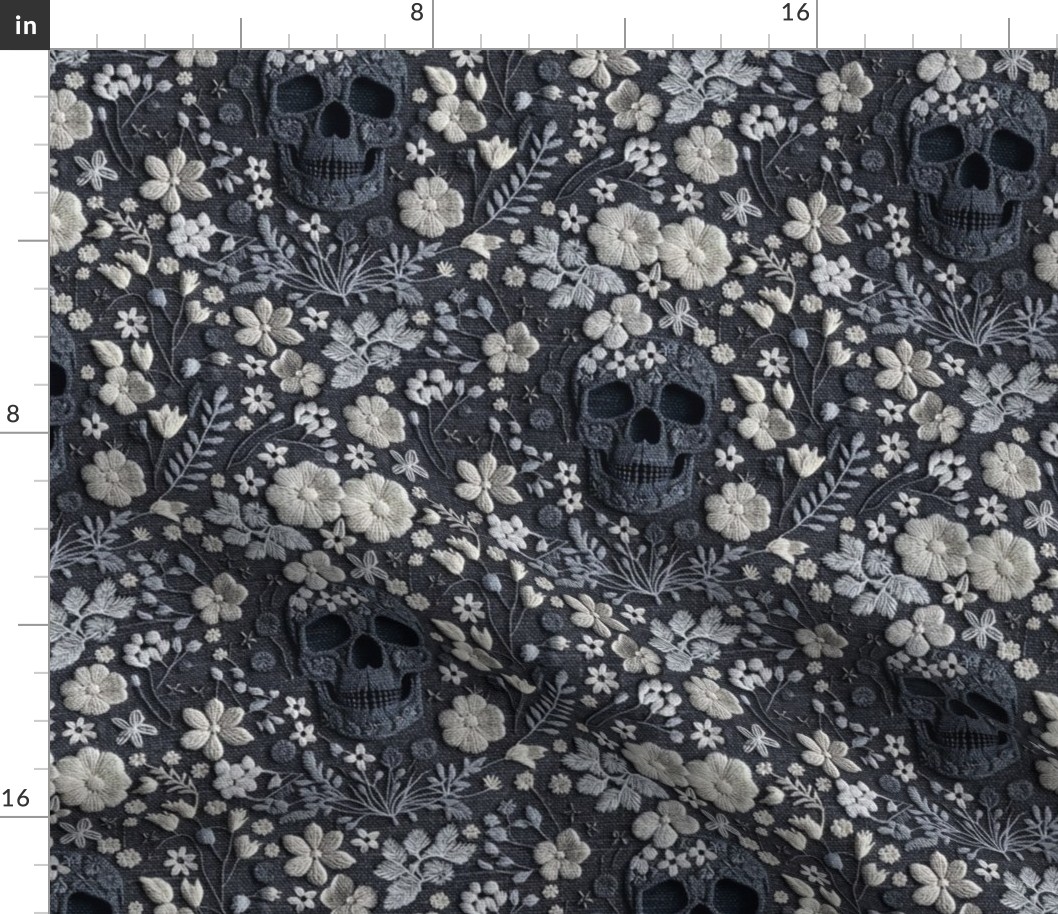 Grey Skull and White Floral Realistic Embroidery Grey Background - Large Scale