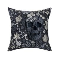 Grey Skull and White Floral Realistic Embroidery Grey Background - XL Scale
