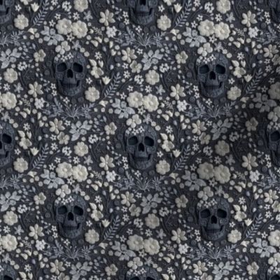Grey Skull and White Floral Realistic Embroidery Grey Background - XS Scale