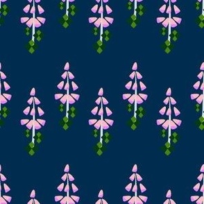 M Abstract Botanical - Horizontal Chevron Stripes Pattern and Floral - Purple Pink Foxglove with Daimond Leaves on Navy Blue