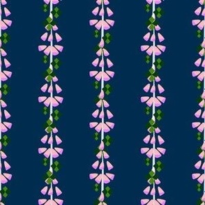 M Abstract Botanical - Vertical Stripe Flower - Purple Pink Foxglove with Green Diamond leaves on Navy Blue