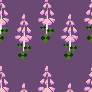 L Abstract Botanical - Horizontal Chevron Stripes Pattern and Floral - Purple Pink Foxglove with Diamond Leaves on Purple
