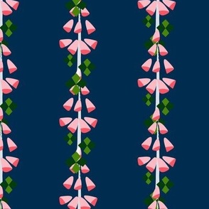 L Abstract Botanical - Vertical Stripe Flower - Red Pink Foxglove with Green Diamond leaves on Navy Blue