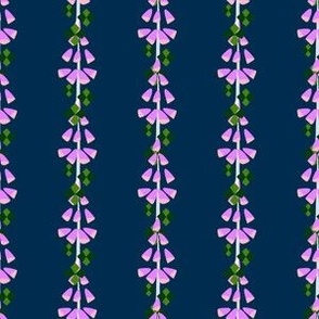 M Abstract Botanical - Vertical Stripe Flower - Pink Purple Foxglove with Green Diamond leaves on  Navy Blue