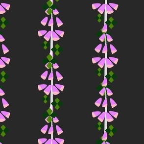 L Abstract Botanical - Vertical Stripes Flower - Pink Purple Foxglove with Green Diamond leaves on Grey
