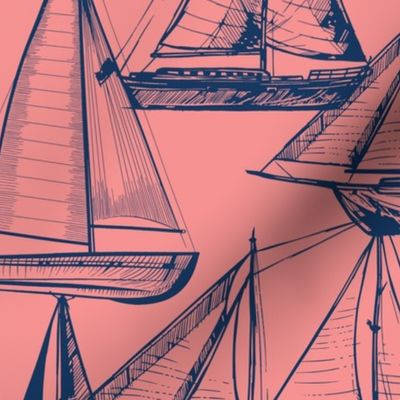 sailboats-on-salmon, salmon pink, boats, ships, lake house, beach house
