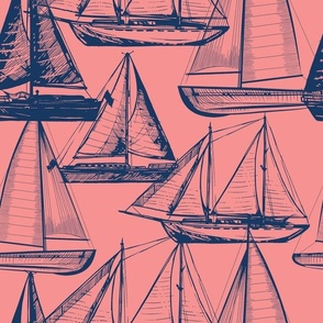 sailboats-on-salmon, salmon pink, boats, ships, lake house, beach house