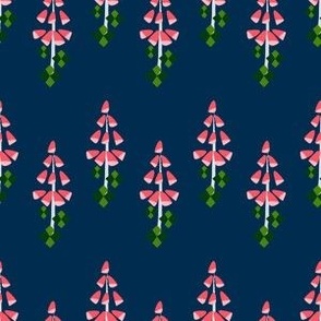 M Abstract Botanical - Horizontal Chevron Pattern and Floral - Pink Red Foxglove with Diamond Leaves on Navy Blue