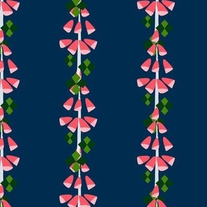 L Abstract Botanical - Vertical Stripe Flower - Pink Red Foxglove with Green Diamond leaves on Navy Blue