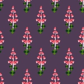 M Abstract Botanical - Diamond (Checkered, Jester, harlequin) and Floral - Pink Red Foxglove with Diamond Leaves on Purple