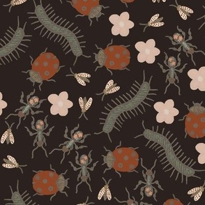 Lil' Bugs On Dark Brown, Hand Painted Floral and Bugs, Flower and Bugs, Insects Wallpaper, Floral Wallpaper, Botanical Insect, Ladybugs and Ants, Pink Flowers, Whimsical and Playful, Nature Themed