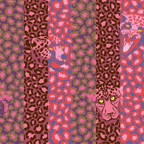 Abstract leopard spots and wild cat faces in stripes - pinks, olive and black