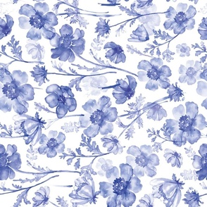 Turned left 18" Blue and white cute hand painted summer wildflower chinoiserie meadow  - home decor,    Baby Girl and nursery fabric perfect for kidsroom wallpaper, kids room, kids home decor