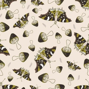 dark brown and olive green childish butterflies, mushrooms on light for nursery