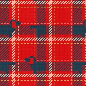 Normal scale // Ta ta tartan doxie reworked tartan // vivid red background nile blue dachshund dog nile blue flesh coral and golden textured criss-crossed vertical and horizontal stripes