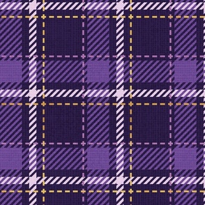 Normal scale // Reworked tartan cloth // dark purple background lavender and golden textured criss-crossed vertical and horizontal stripes