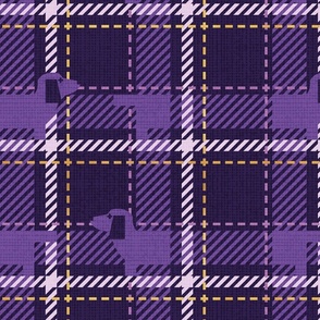 Normal scale // Ta ta tartan doxie reworked tartan // dark purple background dark lavender dachshund dog nile lavender and golden textured criss-crossed vertical and horizontal stripes