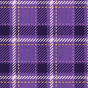Normal scale // Reworked tartan cloth // dark lavender background darl purple and golden textured criss-crossed vertical and horizontal stripes