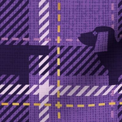 Normal scale // Ta ta tartan doxie reworked tartan // dark lavender background dark purple dachshund dog lavender and golden textured criss-crossed vertical and horizontal stripes