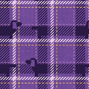 Normal scale // Ta ta tartan doxie reworked tartan // dark lavender background dark purple dachshund dog lavender and golden textured criss-crossed vertical and horizontal stripes