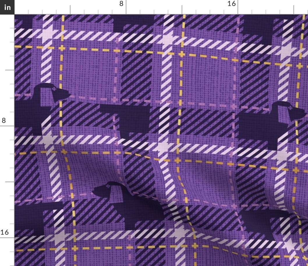 Normal scale // Ta ta tartan doxie reworked tartan // dark lavender background dark purple dachshund dog lavender and golden textured criss-crossed vertical and horizontal stripes